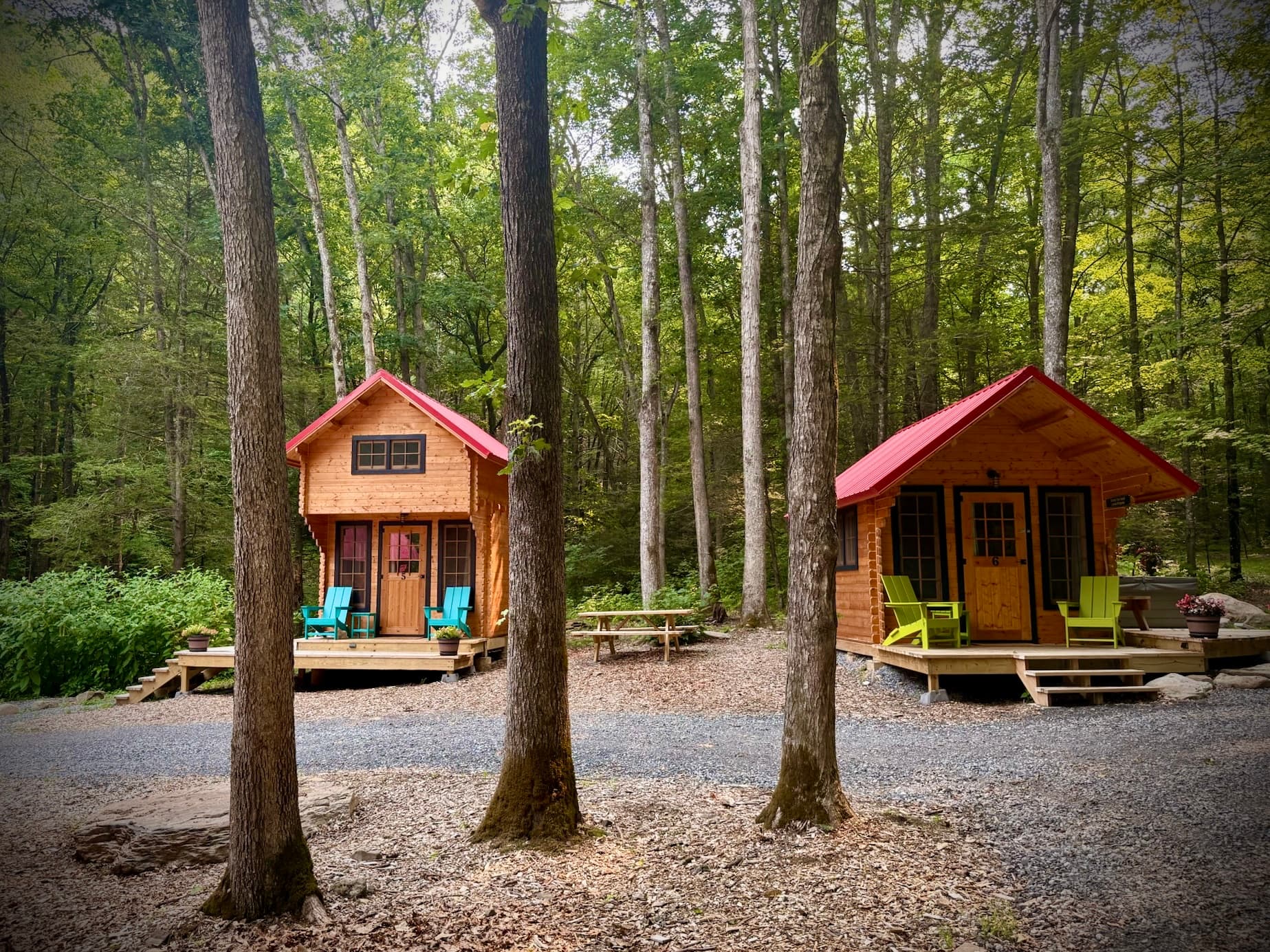 Two wooden cabins with red roofs sit amidst a forest, each featuring colorful chairs on their porches.